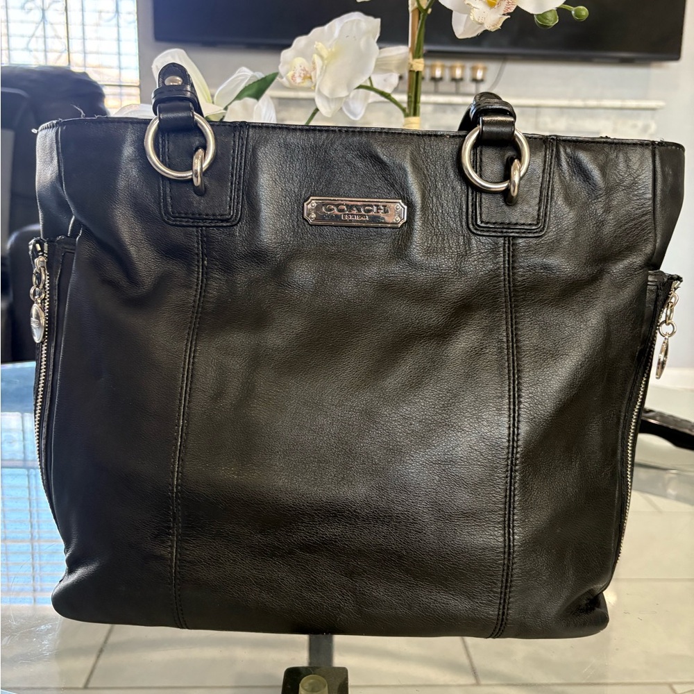 Coach Black Leather Handbag with Silver Accents